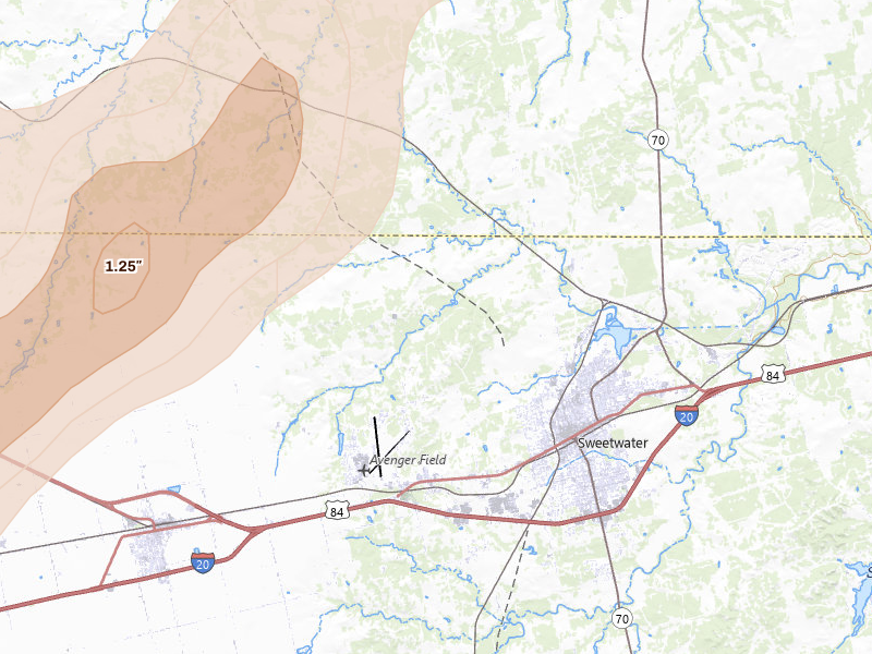 Radar-estimated hail-size map of the storm over Sweetwater, TX on Apr 13, 2026