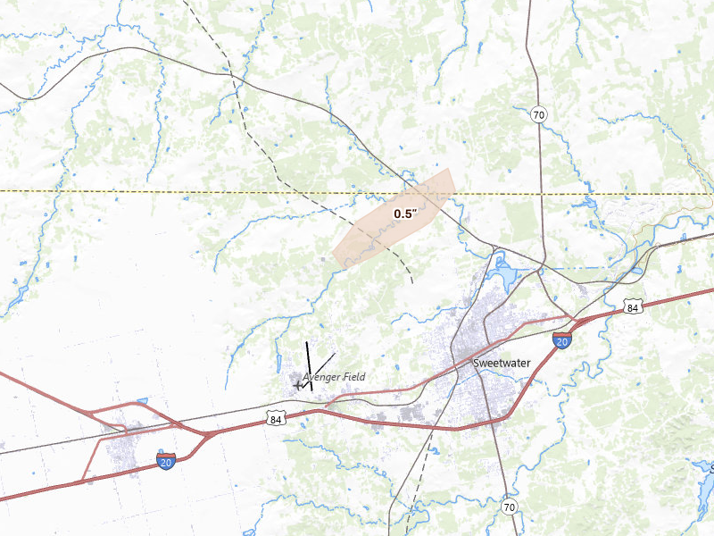 Radar-estimated hail-size map of the storm over Sweetwater, TX on Apr 17, 2026