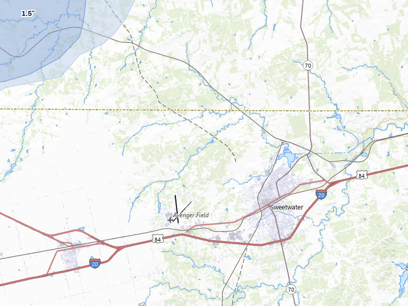 NEXRAD radar-signature map of the hail storm over Sweetwater, TX on Jul 5, 2026