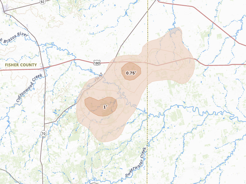 Radar-estimated hail-size map of the storm over Sylvester, TX on Jul 5, 2026