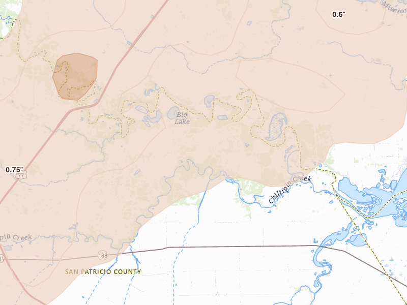 Radar-estimated hail-size map of the storm over Taft, TX on May 18, 2026