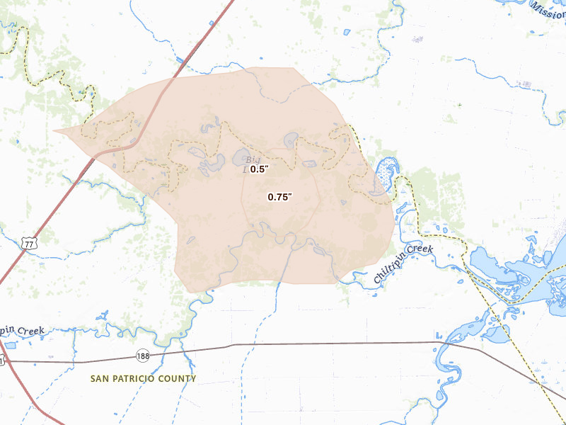 Radar-estimated hail-size map of the storm over Taft, TX on May 26, 2026
