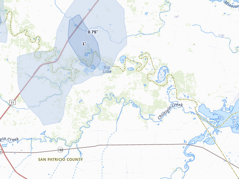 NEXRAD radar-signature map of the hail over Taft, TX