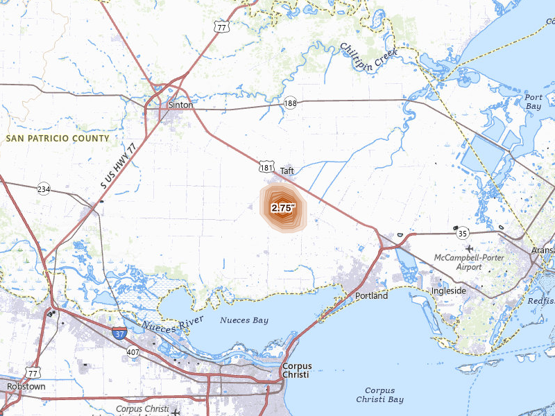 Radar-estimated hail-size map of the storm over Taft, TX on Sep 2, 2026