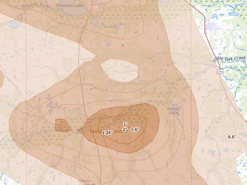 Radar-estimated hail-size map of the storm over Talco, TX on Apr 24, 2026