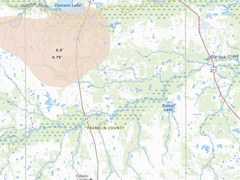 Radar-estimated hail-size map of the storm over Talco, TX on May 9, 2026