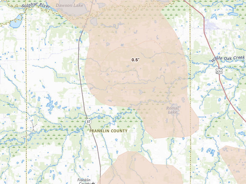 Radar-estimated hail-size map of the storm over Talco, TX on Jun 23, 2026