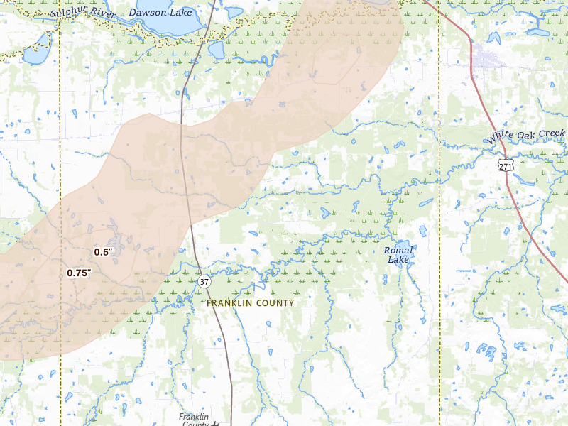 Radar-estimated hail-size map of the storm over Talco, TX on Jul 8, 2026