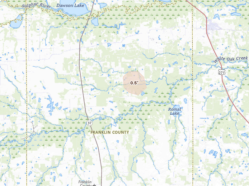 Radar-estimated hail-size map of the storm over Talco, TX on Jul 12, 2026