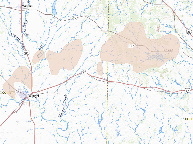 Radar-estimated hail-size map of the storm over Talpa, TX on Mar 7, 2026