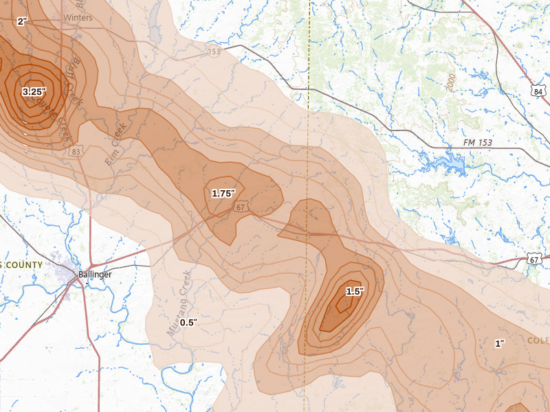 Radar-estimated hail-size map of the storm over Talpa, TX on May 10, 2026