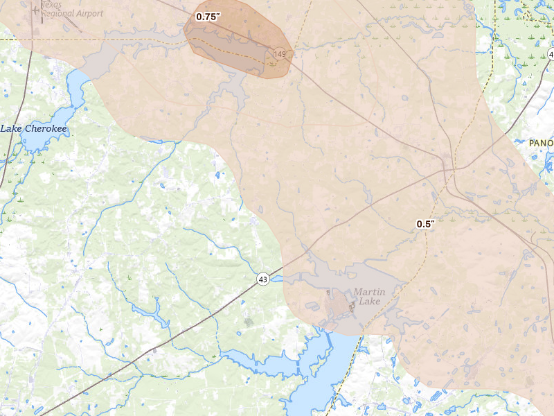 Radar-estimated hail-size map of the storm over Tatum, TX on Mar 15, 2026