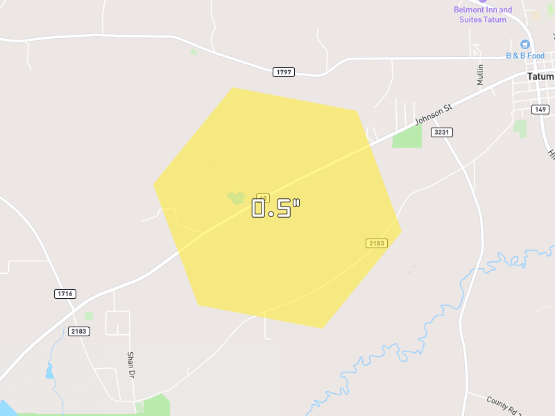 Hail map of Tatum, TX on Jun 2, 2026, hail up to 0.5"