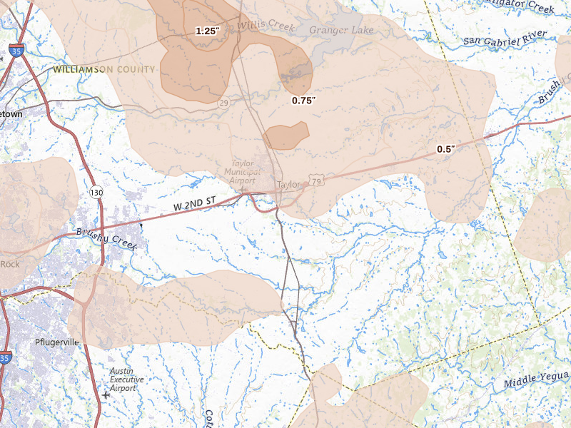 Radar-estimated hail-size map of the storm over Taylor, TX on May 19, 2026