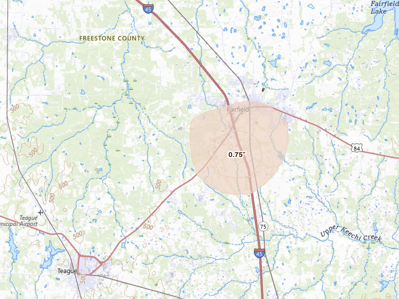 Radar-estimated hail-size map of the storm over Teague, TX on Jun 2, 2026
