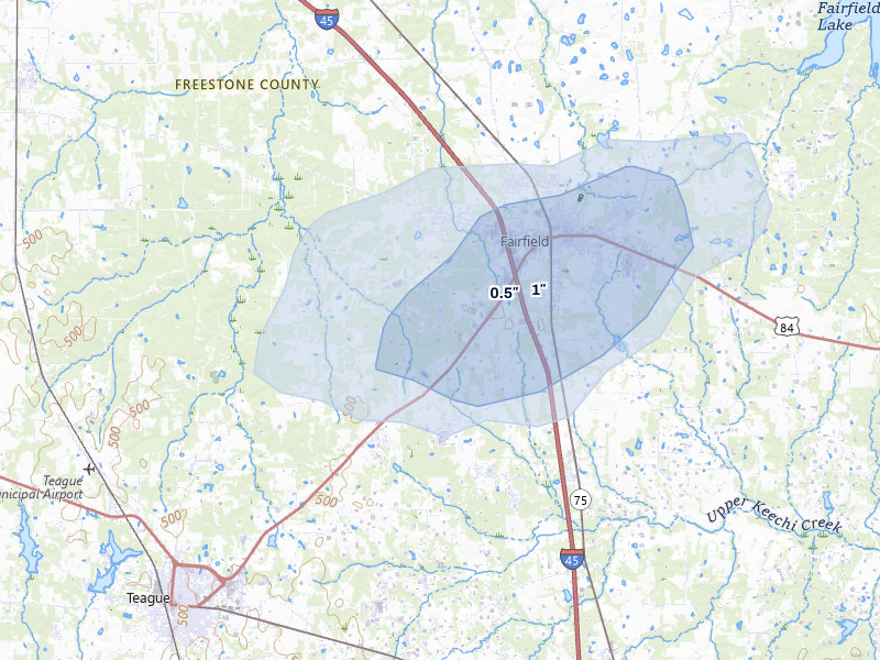 NEXRAD radar-signature map of the hail over Teague, TX