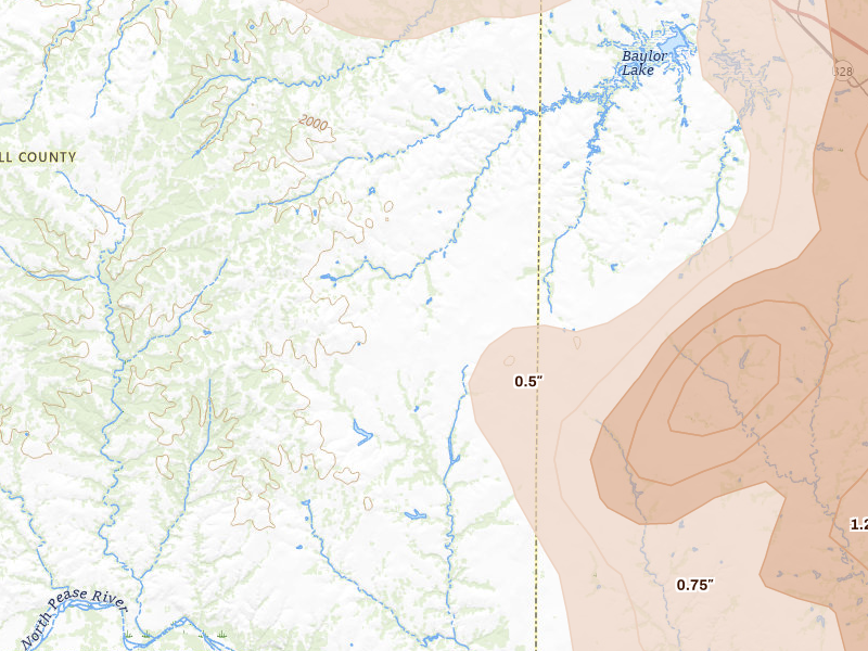 Radar-estimated hail-size map of the storm over Tell, TX on Mar 31, 2026