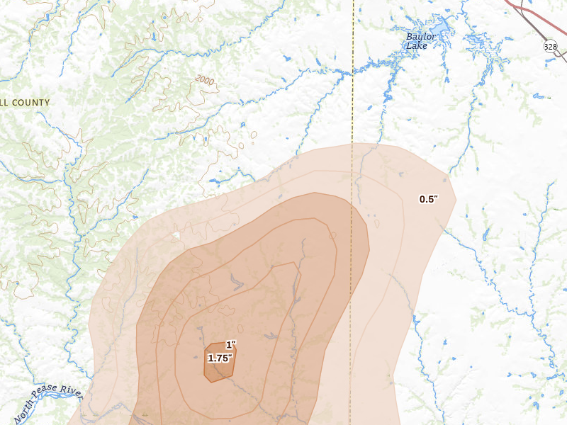 Radar-estimated hail-size map of the storm over Tell, TX on Jun 11, 2026
