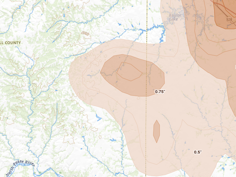 Radar-estimated hail-size map of the storm over Tell, TX on Jun 23, 2026