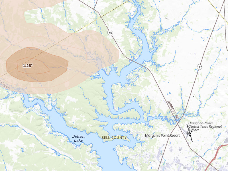Radar-estimated hail-size map of the storm over Temple, TX on May 10, 2026