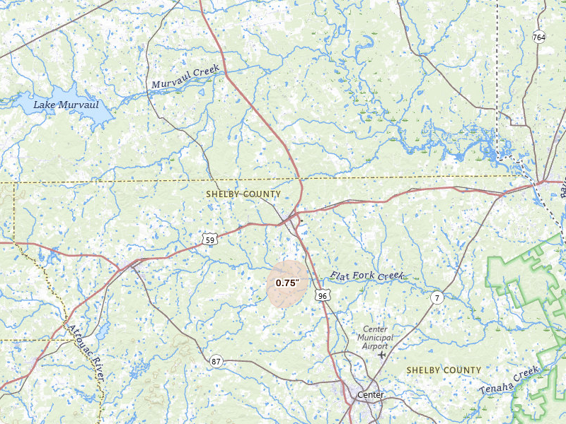 Radar-estimated hail-size map of the storm over Tenaha, TX on Jul 2, 2026
