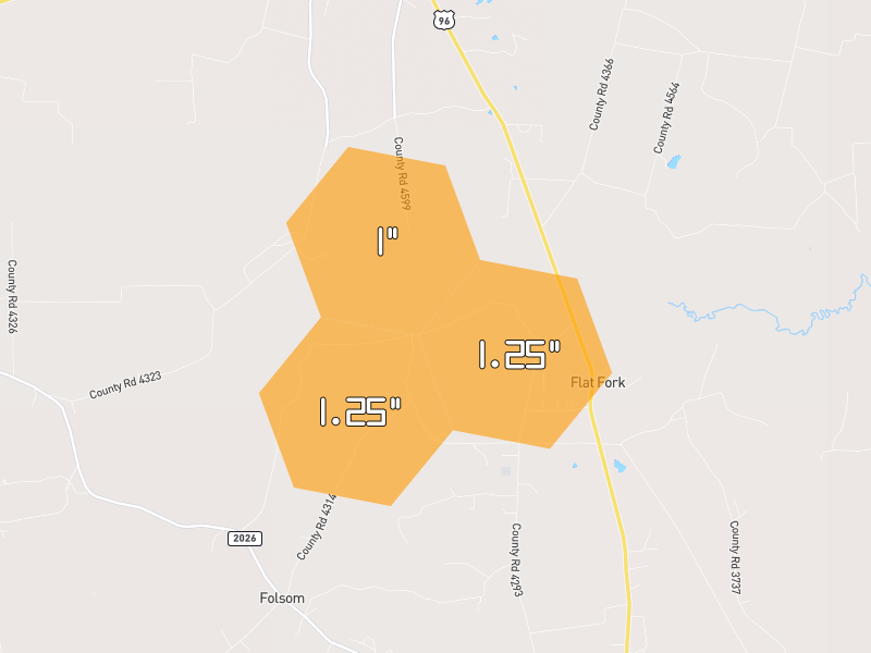Hail map of Tenaha, TX on Jul 2, 2026, hail up to 1.25"