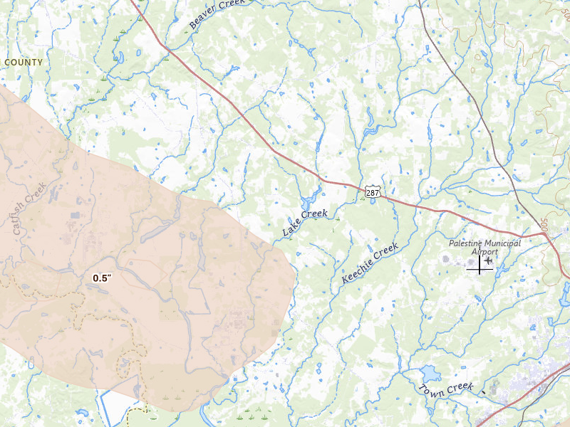 Radar-estimated hail-size map of the storm over Tennessee Colony, TX on Apr 29, 2026