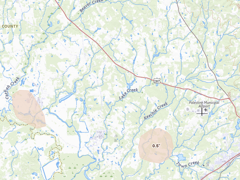 Radar-estimated hail-size map of the storm over Tennessee Colony, TX on May 25, 2026