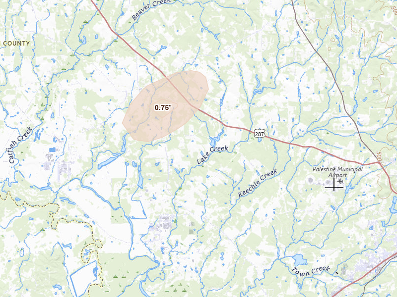 Radar-estimated hail-size map of the storm over Tennessee Colony, TX on Jun 2, 2026