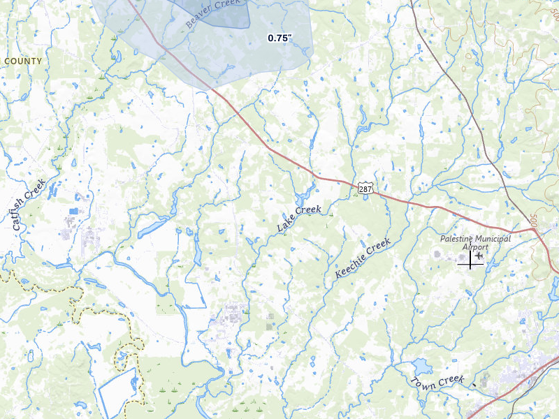 NEXRAD radar-signature map of the hail storm over Tennessee Colony, TX on Jul 5, 2026