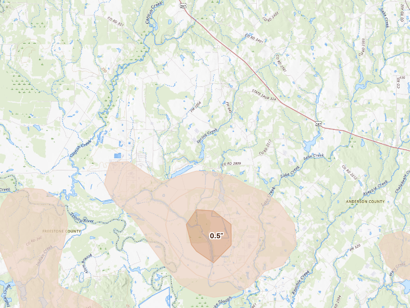 Radar-estimated hail-size map of the storm over Tennessee Colony, TX