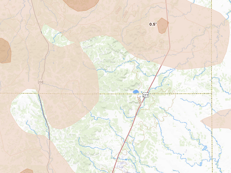 Radar-estimated hail-size map of the storm over Tennyson, TX on May 10, 2026