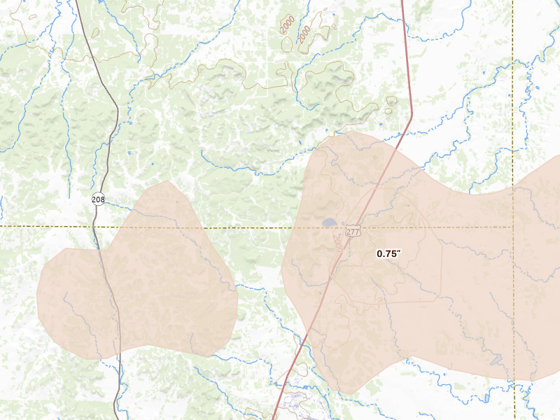 Radar-estimated hail-size map of the storm over Tennyson, TX on May 22, 2026