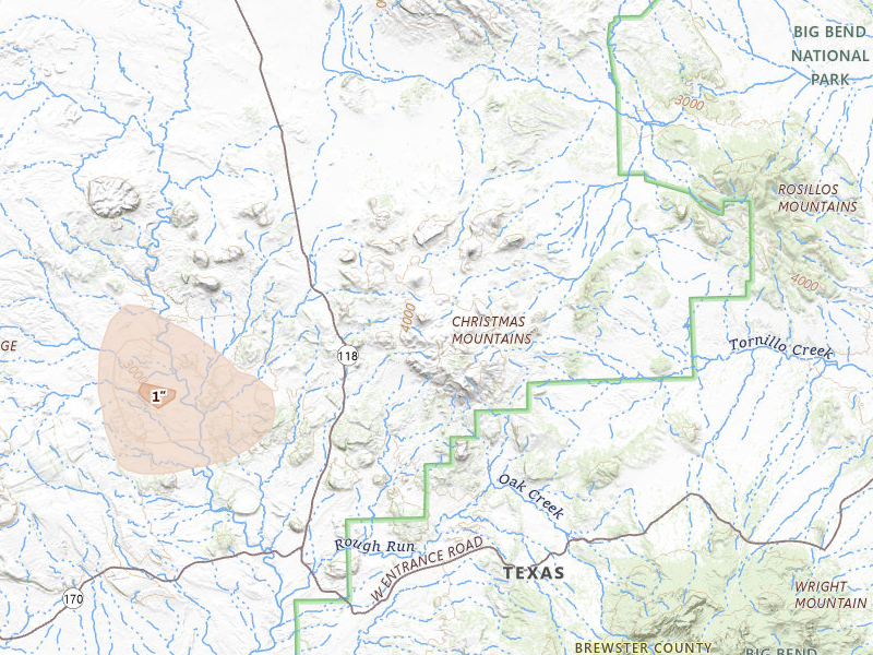 Radar-estimated hail-size map of the storm over Terlingua, TX on May 20, 2026