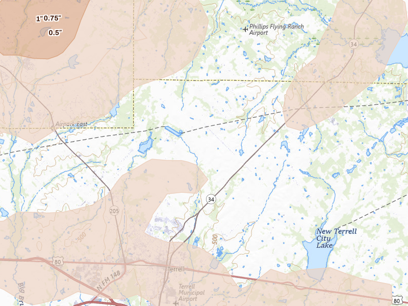 Radar-estimated hail-size map of the storm over Terrell, TX on Mar 4, 2026