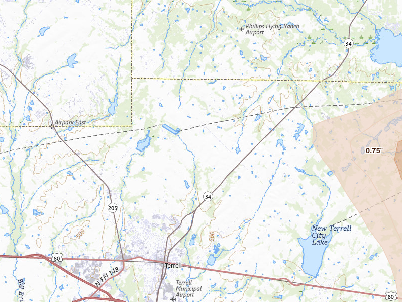 Radar-estimated hail-size map of the storm over Terrell, TX on Apr 24, 2026