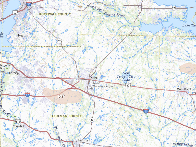 Radar-estimated hail-size map of the storm over Terrell, TX on Apr 29, 2026