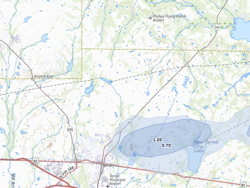 NEXRAD radar-signature map of the hail storm over Terrell, TX on May 8, 2026