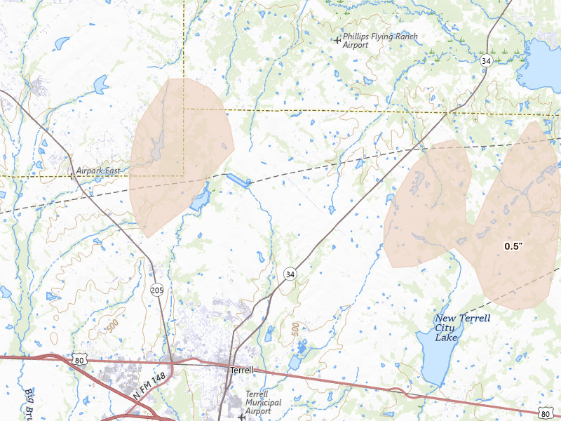 Radar-estimated hail-size map of the storm over Terrell, TX on May 22, 2026