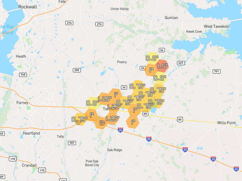 Hail map of Terrell, TX on Jun 7, 2026, hail up to 1.5"