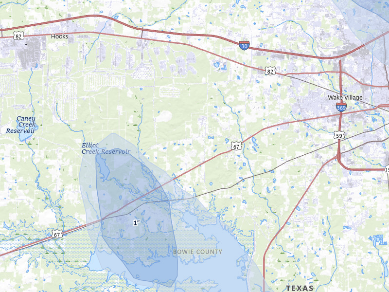 NEXRAD radar-signature map of the hail over Texarkana, TX