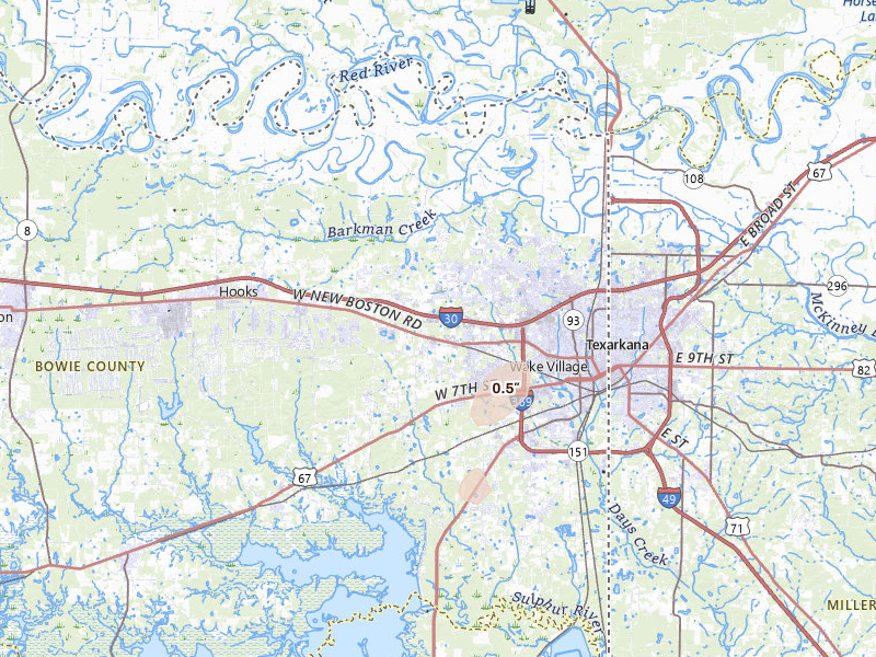 Radar-estimated hail-size map of the storm over Texarkana, TX on May 26, 2026