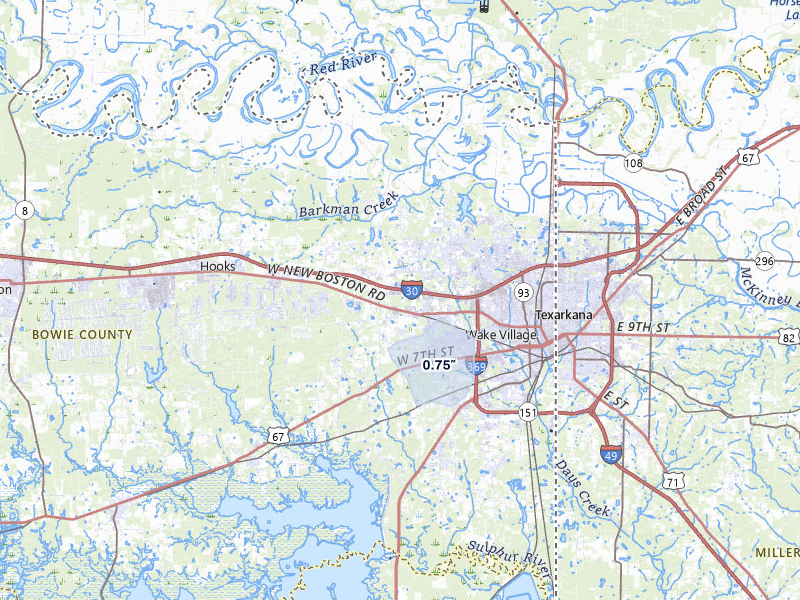 NEXRAD radar-signature map of the hail over Texarkana, TX