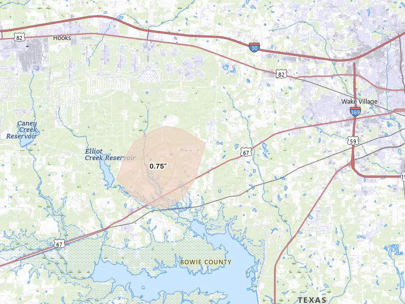 Radar-estimated hail-size map of the storm over Texarkana, TX on Jun 2, 2026