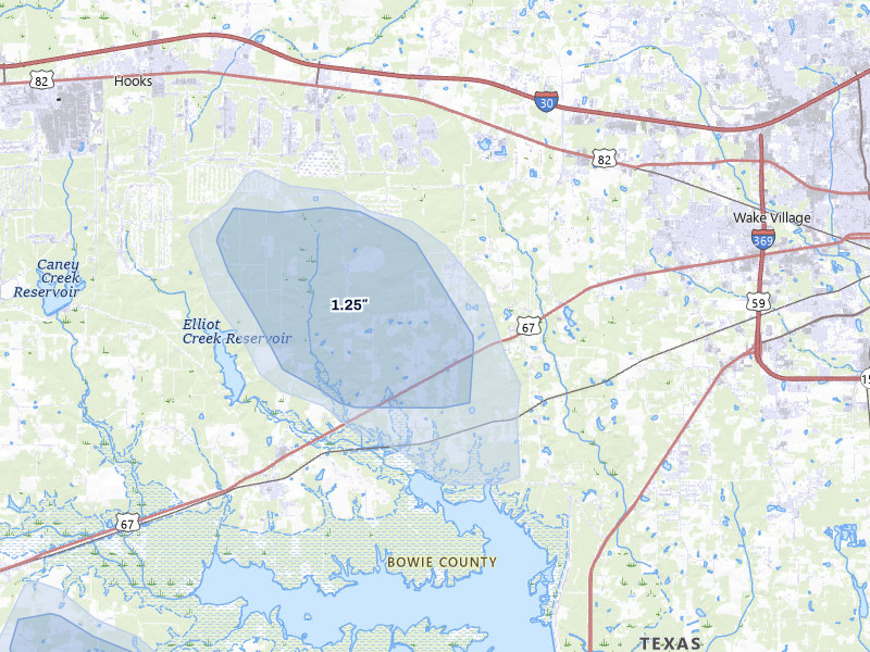 NEXRAD radar-signature map of the hail over Texarkana, TX