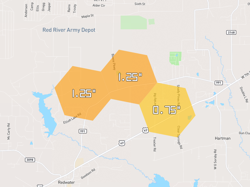 Hail map of Texarkana, TX on Jun 2, 2026, hail up to 1.25"