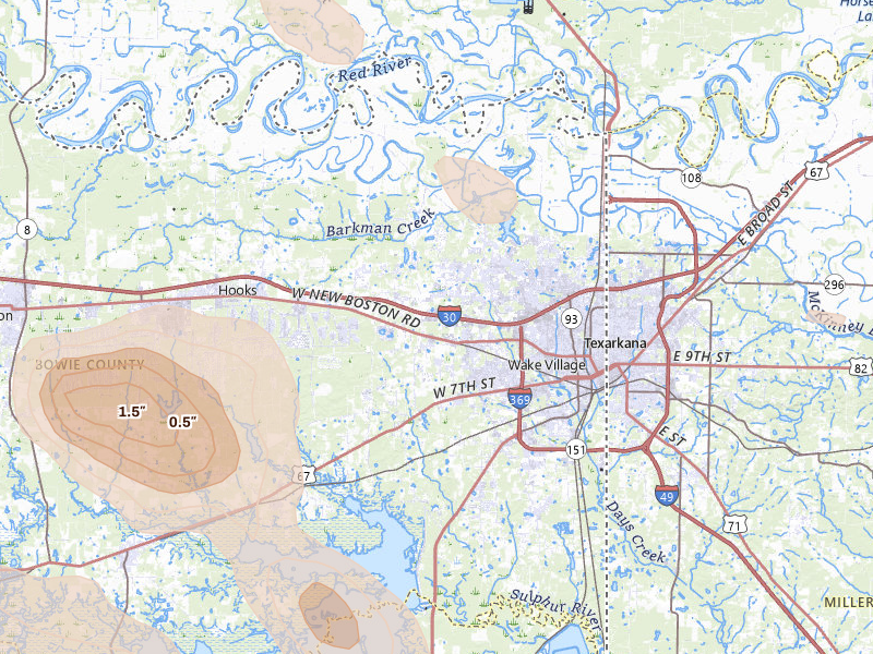 Radar-estimated hail-size map of the storm over Texarkana, TX on Jun 22, 2026