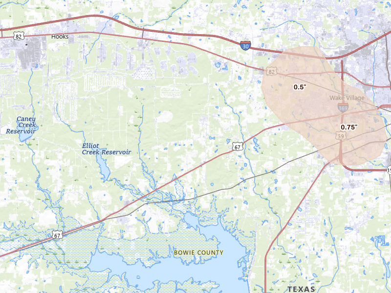 Radar-estimated hail-size map of the storm over Texarkana, TX on Jun 23, 2026