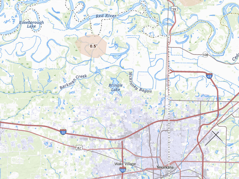 Radar-estimated hail-size map of the storm over Texarkana, TX on Aug 26, 2026