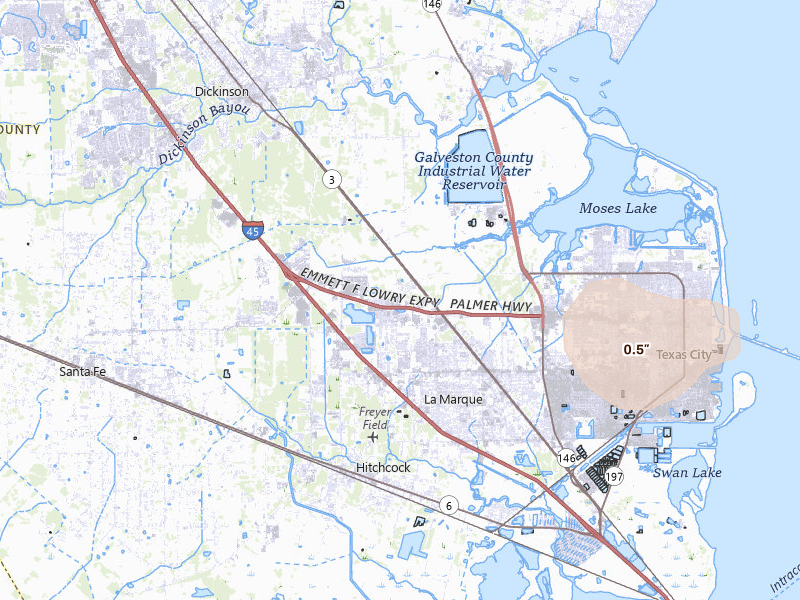 Radar-estimated hail-size map of the storm over Texas City, TX on Jul 8, 2026